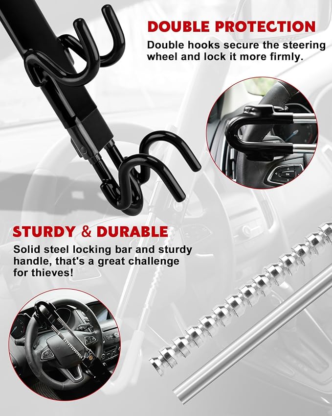 Tevlaphee Steering Wheel Lock Anti-Theft Car Device Heavy Duty Security Car Lock Antitheft Locking Devices Great Deterrent Adjustable Car Wheel Lock Anti Theft for Vehicle Truck with 3 Keys(Black)