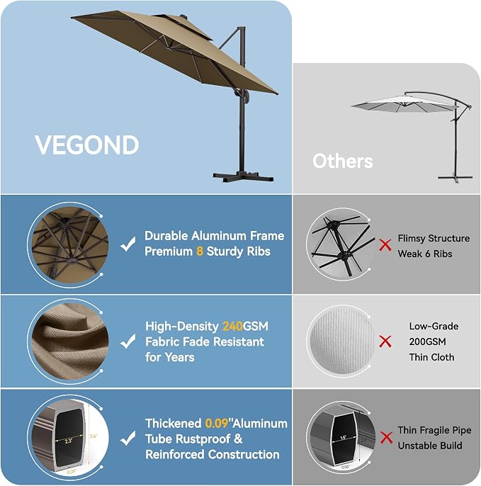 10x13 FT Patio Cantilever Umbrella, Rectangular Heavy Duty Offset Umbrella - Image 2