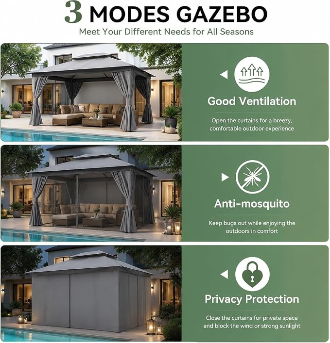 10'x13' Outdoor Gazebo, Metal Frame Heavy Duty Patio Canopy Tent Shelter - Image 5