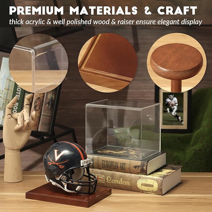 JupDec Mini Helmet Display Case, Acrylic Clear 1/2 Football Baseball Helmet Showcase, UV Protection Souvenirs and Collectibles Box with Solid Wood Base & Riser, Ideal Gift for Sports Enthusiast