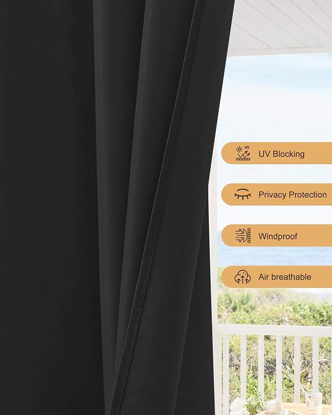 Outdoor Curtains for Patio Waterproof Rod Pocket 4 Pcs 54x84 Inch Black | - Image 5