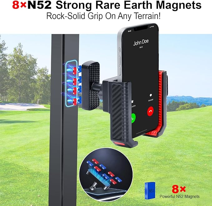 Magnetic Golf Cart Phone Holder, 8 N52 Strong Magnetic Base, Fits EZGO, Club Car, Yamaha, Golf Cart Phone Mount for iPhone, Samsung & Smartphones, Golf Cart Accessories for Men Women, Red