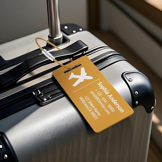 10 Personalized Metal Luggage Tags, Custom Suitcase Aluminum Name Tags with Steel Ring, Laser Engraved Name and Logo, for Travel, Backpack, Baggage, Golf Bag (Golden)