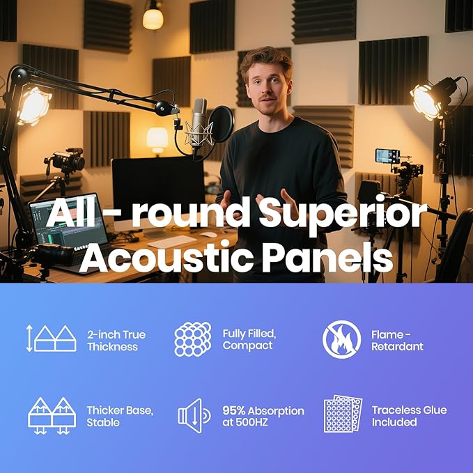 Focusound Grey Acoustic Panels 50 Pack 2"x12"x12" with 300 PCS Double-Side Adhesive - Sound Proof Pyramid Foam for Walls, Home Studio Noise Absorption & Echo Control Kit