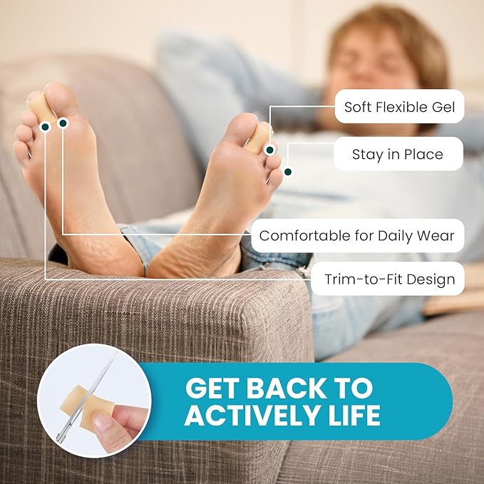 Povihome Toe Sleeves, Toe Protectors, 12 Pack Toe Tube Pads for Hammer Toe,Stubbed Toe,Corns, Calluses Protect (Medium Size, Beige)