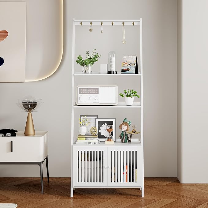 Bookcase with Drawers, 4-Tier Bamboo Bookshelf Ladder Shelf with 6 Hooks - Image 7