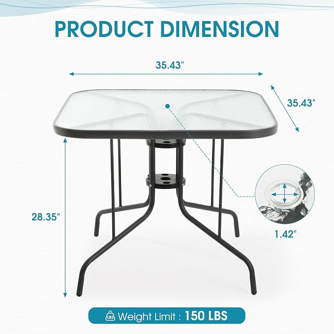 Patio Dining Table for 4 with Umbrella Hole | Outdoor 5 Piece Dining Set 36" x - Image 3