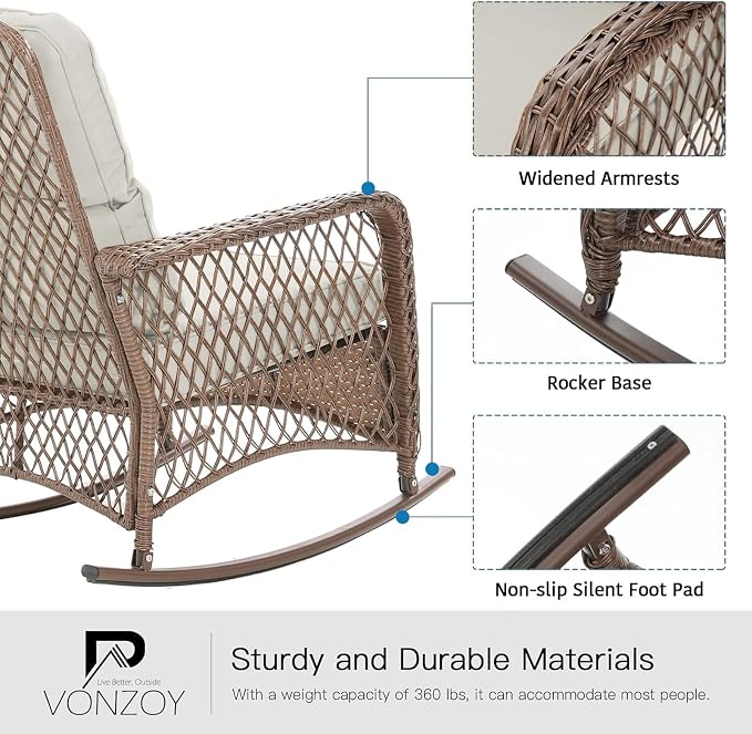 Patio Furniture Set 3 Pieces, Wicker Outdoor Rocking Bistro Set, Pale White | - Image 4