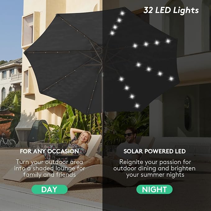JEAREY 9' Patio Umbrella with Solar Lights, LED Umbrella, Jet Black | Outdoor - Image 5
