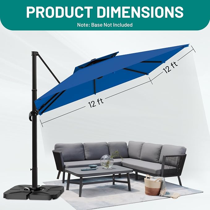 12×12 FT Double-Top Cantilever Patio Umbrella, Royal Blue | Square Offset - Image 7