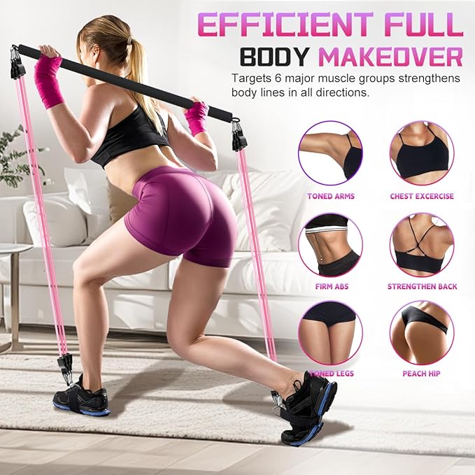 VEICK Pilates Bar Kit with Resistance Bands, Elastic Workout Bands for Men Women, Set of 5 Resistance Loop Bands for Home Fitness Stretching Strength Training