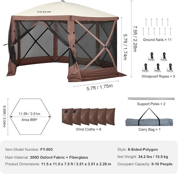 VEVOR Pop Up Gazebo Screen Tent 6 Sided Canopy Sun Shelter - Image 7