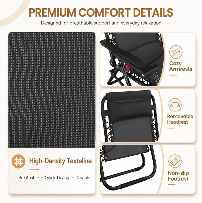 Yaheetech 26" Zero Gravity Recliners Adjustable Set of 2, Dark Black | Outdoor - Image 6