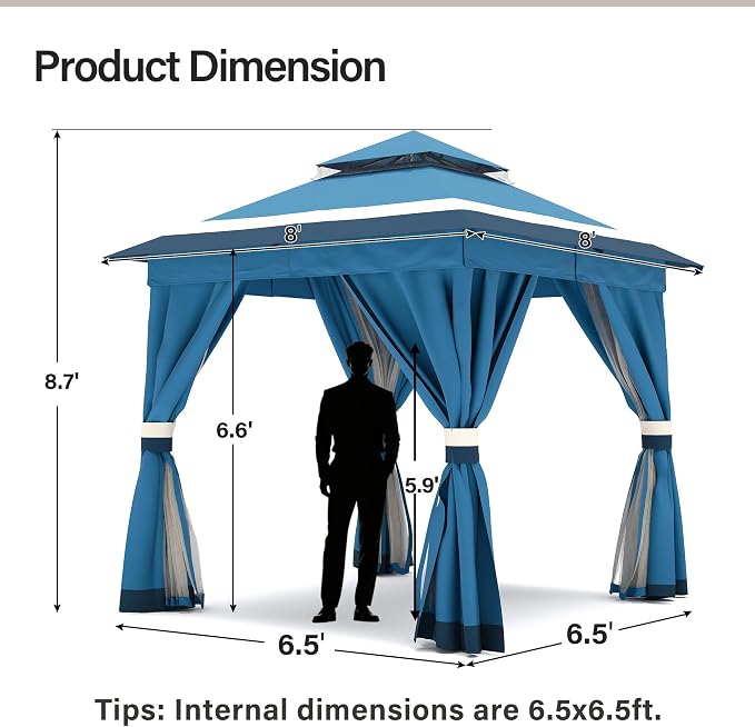 8'x8' Outdoor Gazebo, Metal Frame Heavy Duty Patio Canopy Tent Shelter - Image 2