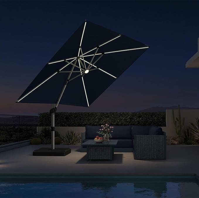 PURPLE LEAF Cantilever Umbrella 9' X 9' Solar LED Light Patio Deck, Stays bright by PURPLELEAF