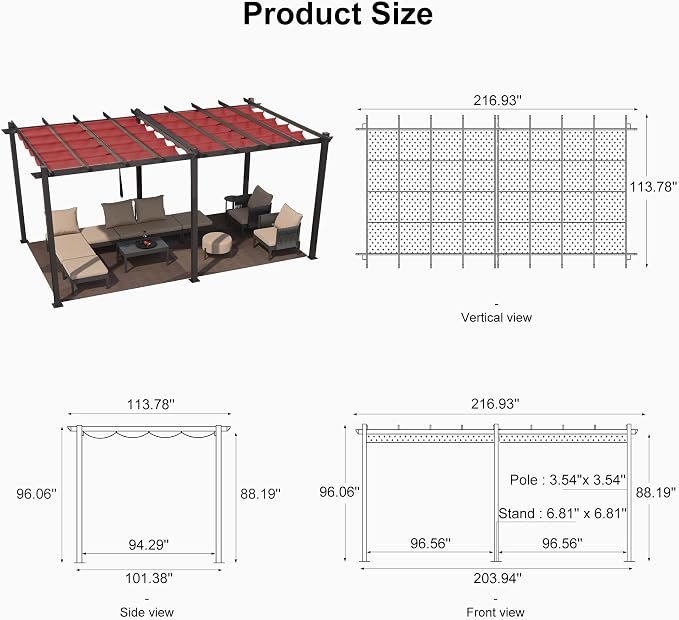 PURPLE LEAF Outdoor Pergola 10' X 18' Retractable Canopy Aluminum, Terra | - Image 7