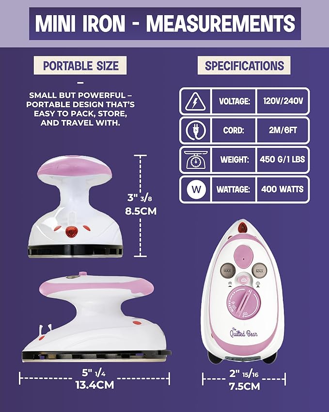 The Quilted Bear Premium Mini Steam Iron - Lightweight Mini Travel Iron for Effortless Quilting & Wrinkle-Free Clothes with Carry Case & Iron Rest Set - Travel Steamer for Clothes & Crafts (Pink)