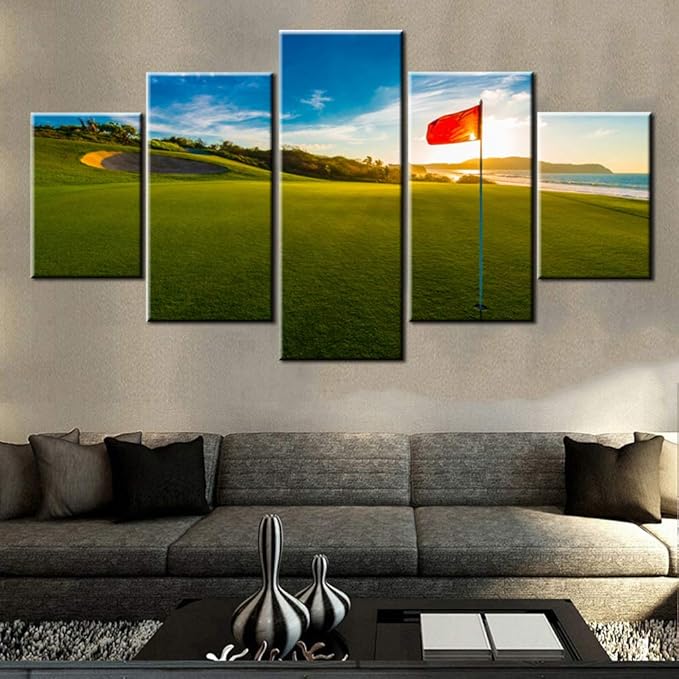 Living Room Decorations for Wall Golf Course Pictures Red Flags Paintings Landscape Artwork 5 Piece Green Canvas Wall Art House Modern Decor Framed Giclee Ready to Hang Posters and Prints(60''Wx32''H)