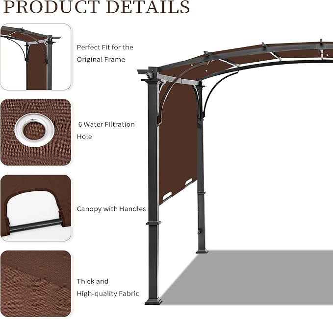 200x103 in Pergola Canopy Replacement Shade Cover Only, Coffee | Fits 10x10 ft - Image 4