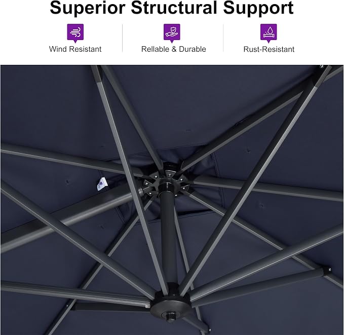 PURPLE LEAF Cantilever Umbrella 10 Feet Round Smooth 360° Rotation Navy | - Image 3