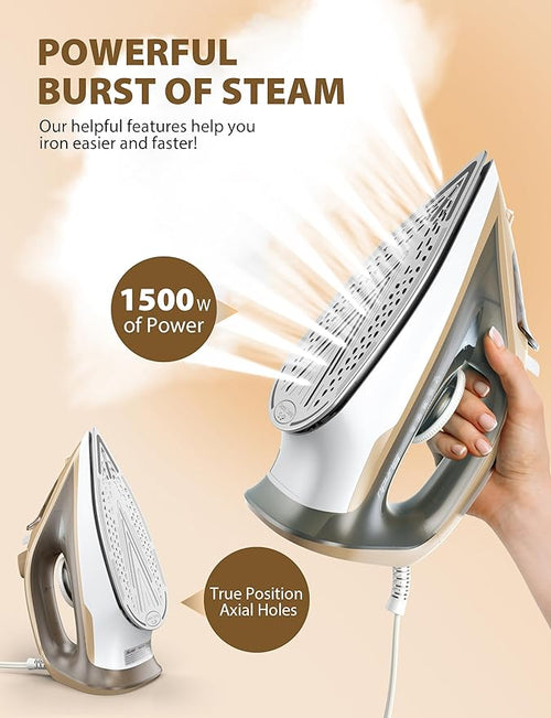1500W Steam Iron for Clothes with 11.84oz Water Tank, 15-Second Fast Heat-Up, Ceramic Soleplate, Anti-Drip & Auto-Off, Burst of Steam & Self-Cleaning