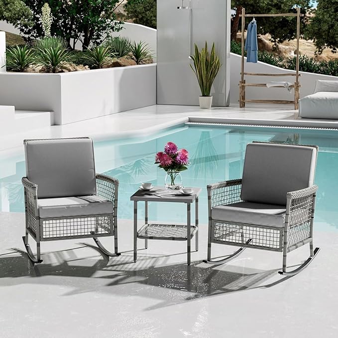 DECMICO 3-Piece Grey Wicker Rocking Chair Set, Outdoor Patio Furniture | Modern by DECMICO