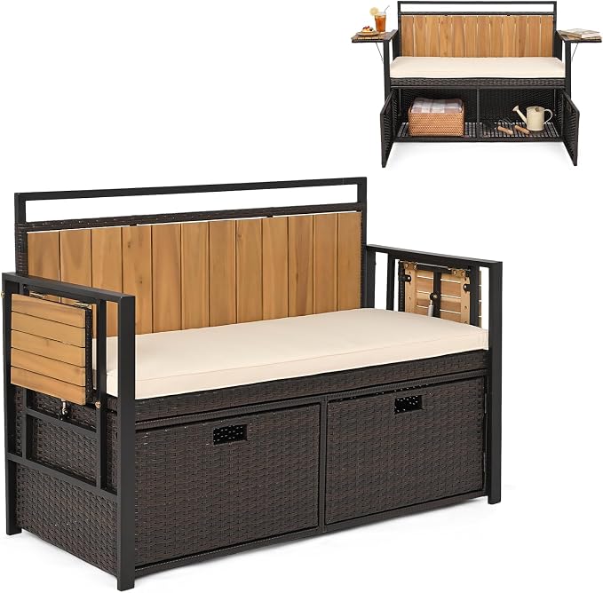 Outdoor Storage Bench, Outside Cushioned Loveseat Seating by TOOLSEMPRE