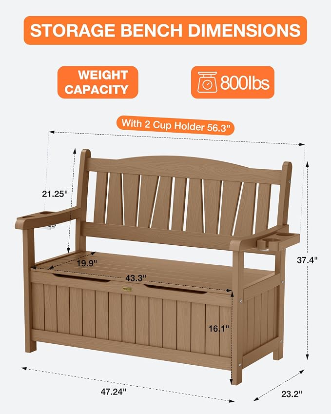 YEFU Outdoor Bench, Heavy Duty Garden Storage Bench, Weatherproof, Teak | HIPS - Image 2