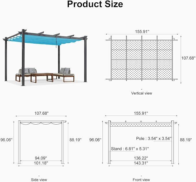 PURPLE LEAF Against Wall Pergola 9.5' X 13' Aluminum Canopy, Turquoise Blue | - Image 7