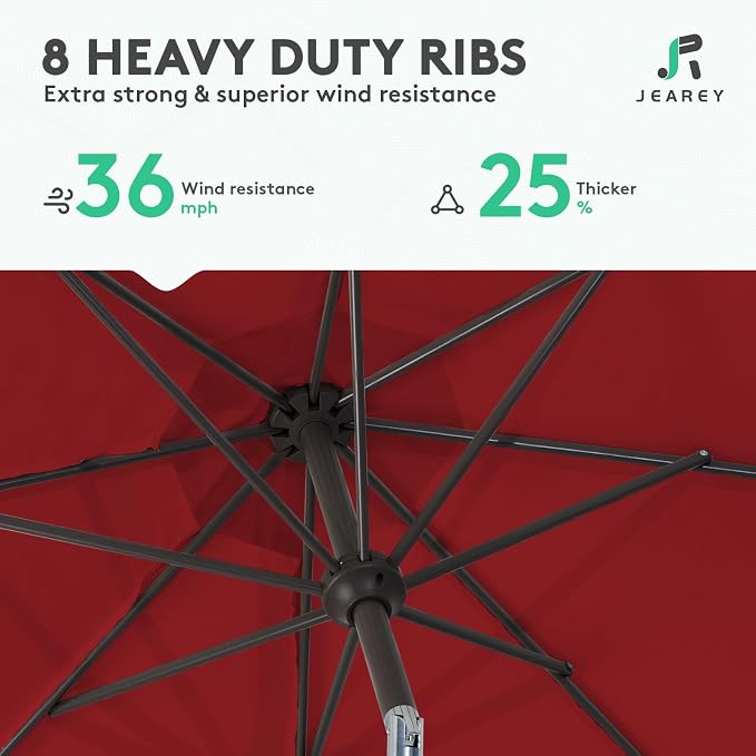 JEAREY 10 ft Outdoor Patio Umbrella w/Tilt and Crank, Light Red | 8 Sturdy Ribs - Image 5