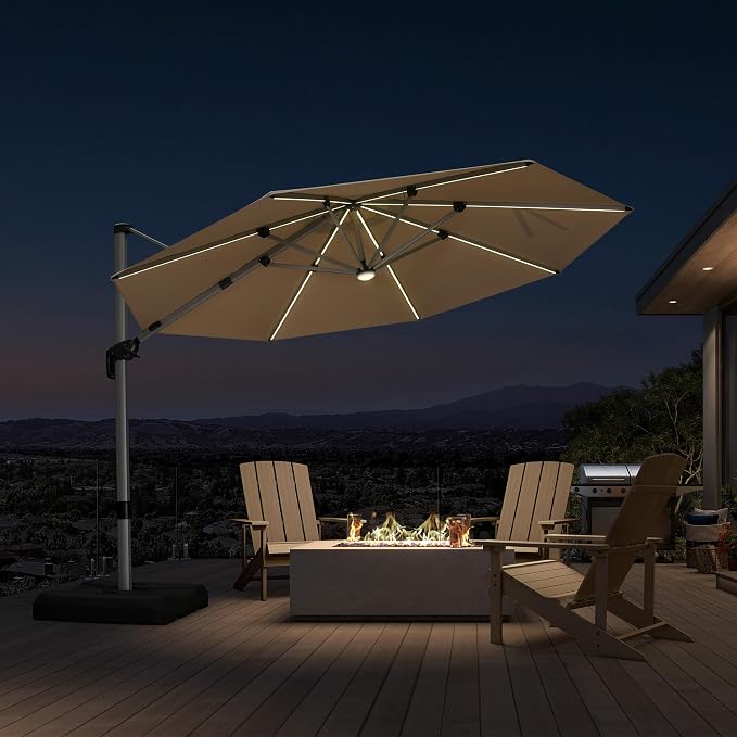PURPLE LEAF Cantilever Patio Umbrella 11ft Round Solar LED Light, Support to by PURPLELEAF