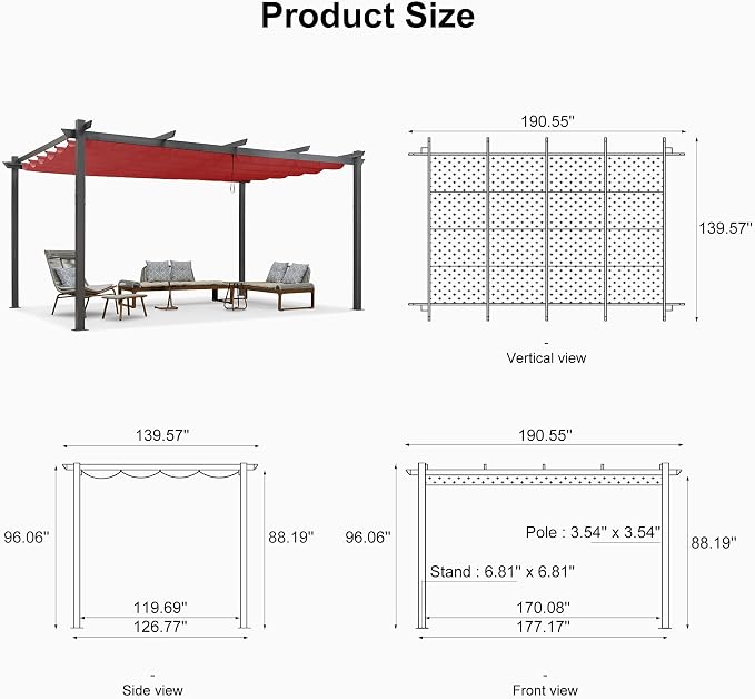 PURPLE LEAF Outdoor Pergola 12' X 16' Retractable Canopy Aluminum, Terra | - Image 6