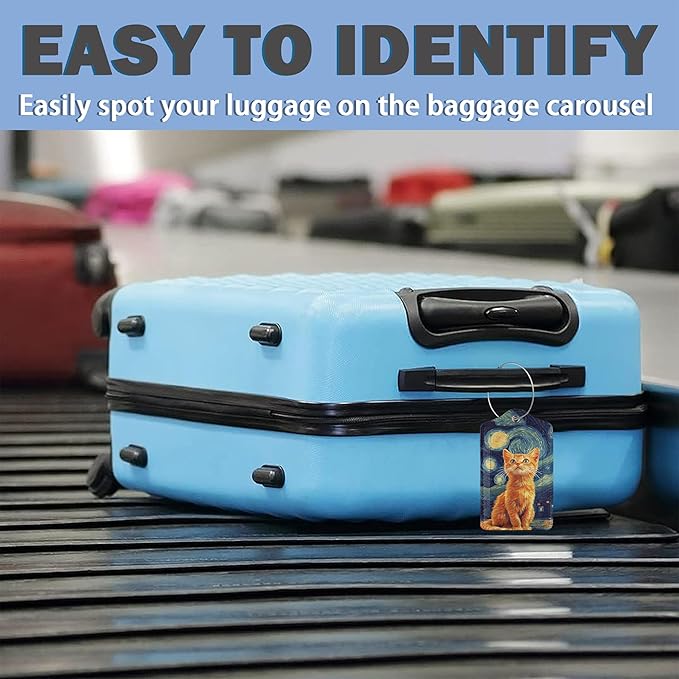 3 Pack PU Leahter Luggage Tag with Stainless Steel Loop, Starry Sky Cat Travel Suitcase Labels with Privacy Cover ID Label Quickly Spot for Bags