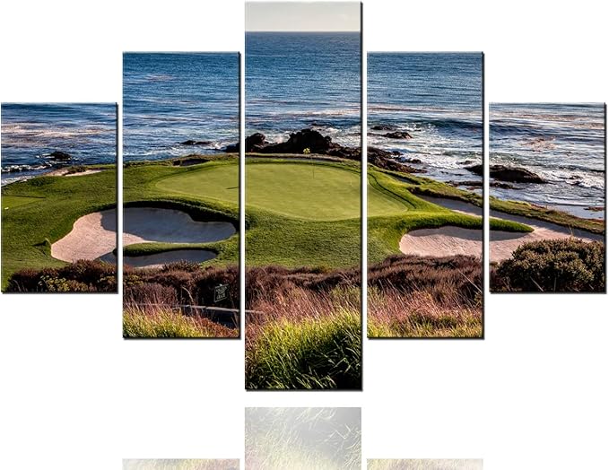 Golf Artwork for Walls Greens and Bunkers in California Paintings USA Landmark Picture Giclee 5 Panels Canvas Wall Art HD Prints Home Modern Decor Framed Ready to Hang in Living Room(60''W x 40''H)
