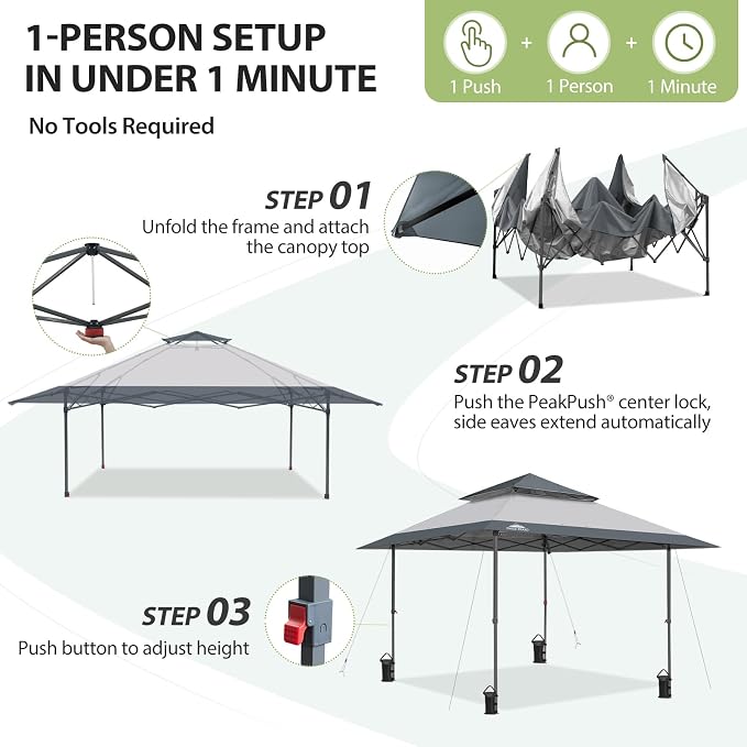 EAGLE PEAK 13x13 Pop Up Canopy Tent, Auto Extended Eaves, Light Gray | Easy - Image 7