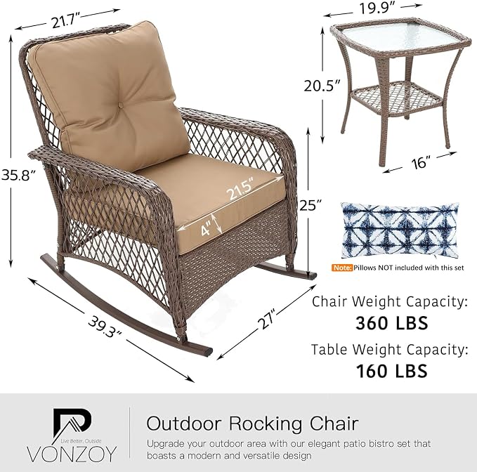 Patio Furniture Set 3 Pieces, Wicker Outdoor Rocking Bistro Set, Khaki | VONZOY - Image 7