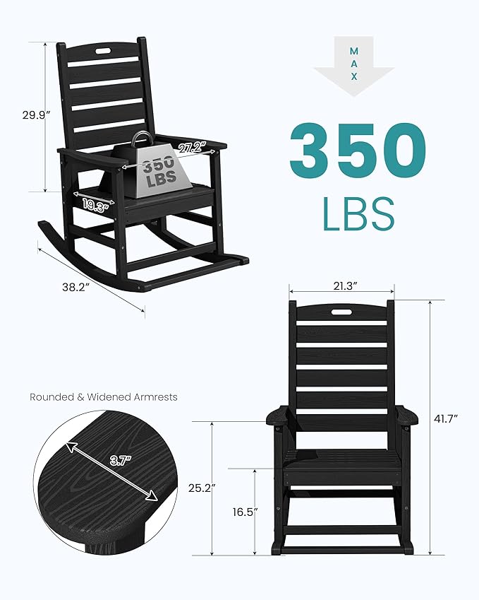 SERWALL Outdoor Rocking Chair Set of 2, Oversized HDPE Rocker, all Weather - Image 3