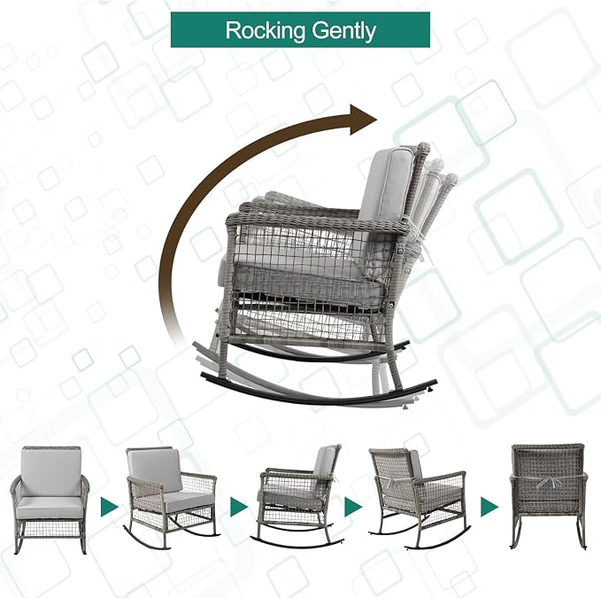 DECMICO 3-Piece Grey Wicker Rocking Chair Set, Outdoor Patio Furniture | Modern - Image 5