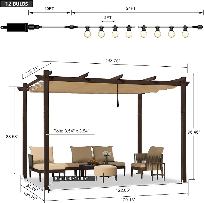 PURPLE LEAF Metal Pergola 10' x 12' Outdoor Rectangle Canopy, UV fabric - Image 7