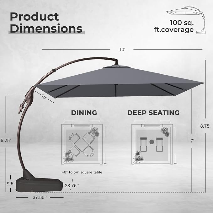 Grand patio 10x10 FT Sunbrella Cantilever Square Umbrella, Charcoal | Large - Image 4
