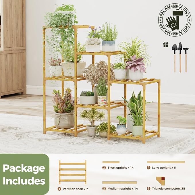 Bamworld Bamboo Plant Stand Indoor Boho Plant Shelf Tiered Plant Rack | - Image 6