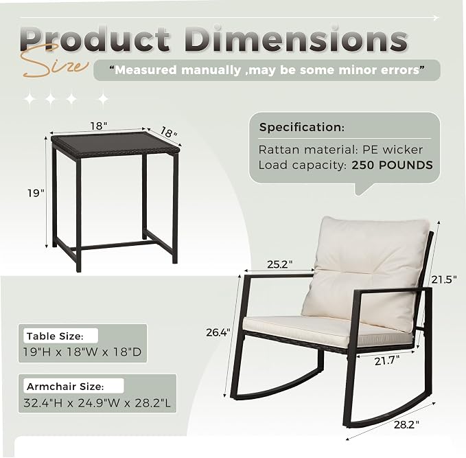 SUNCROWN 3 Piece Outdoor Rocking Bistro Set Black Wicker Furniture Porch Chairs - Image 9