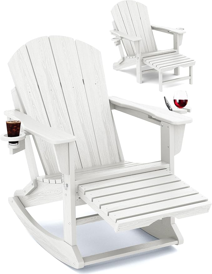Adirondack Rocking Chair with Ottoman and Cup Holders | HDPE Porch Rocker by KINGYES