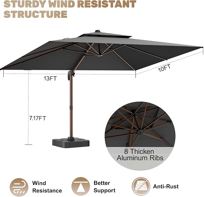 10x13FT Cantilever Outdoor Patio Umbrellas, Double Top Wood Pattern Rectangle - Image 5