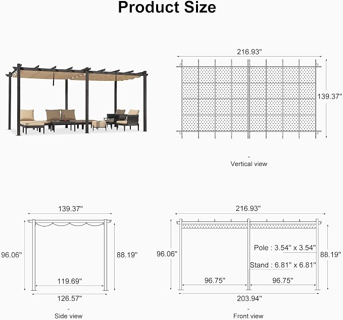 PURPLE LEAF Outdoor Pergola 12' X 18' Retractable Canopy Aluminum, Custom Shade - Image 7