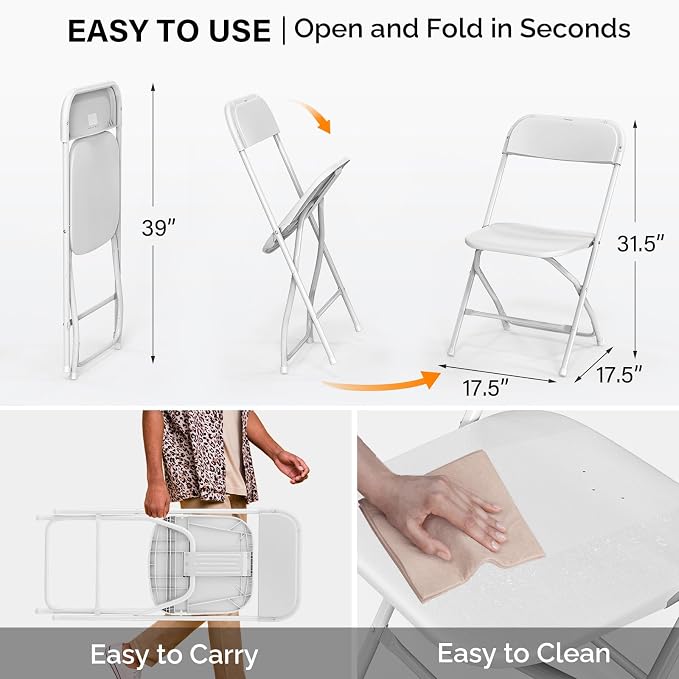 VINGLI 10 Pack White Plastic Folding Chair, Indoor Outdoor Portable Stackable - Image 3