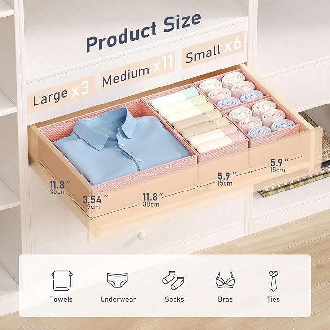 DIMJ Drawer Organizer Clothes 20 Pack - Foldable Baby Organizers and Storage & Dresser Organizer for Bedroom, Closet - Nursery Organization Dresser Dividers for underwear, Sock,Bra, Belt, Tie, Pink