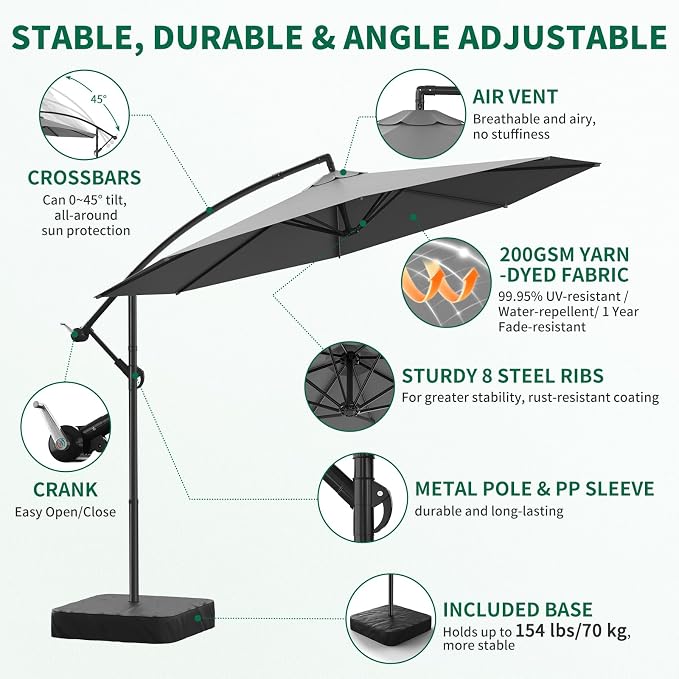 10FT Patio Umbrella with Base, Outdoor Umbrella Pool Umbrella Cantilever - Image 4