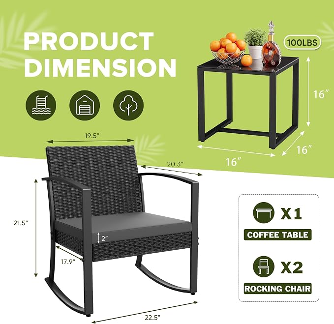 Homall Patio Furniture Set 3 Piece Resin Outdoor Bistro Set Rocking Patio Chairs - Image 4