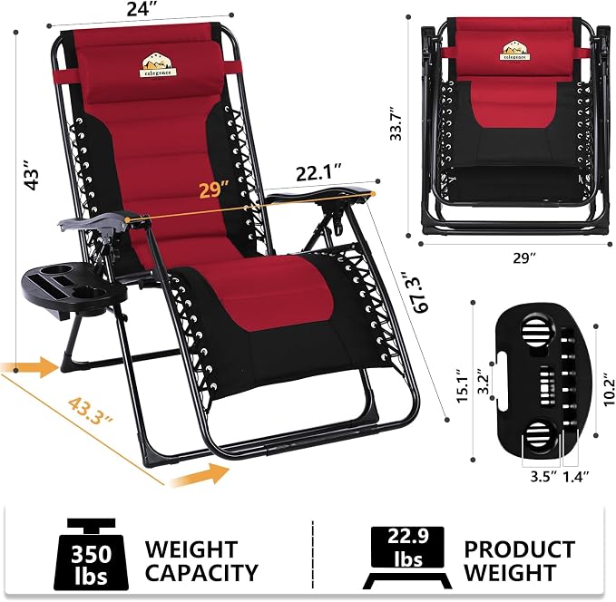 Colegence Oversized Padded Zero Gravity Chair, 400 lb, Burgundy | 600D Oxford - Image 3